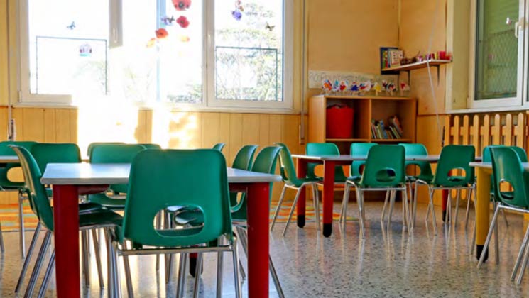 A bright and sunny elementary school classroom